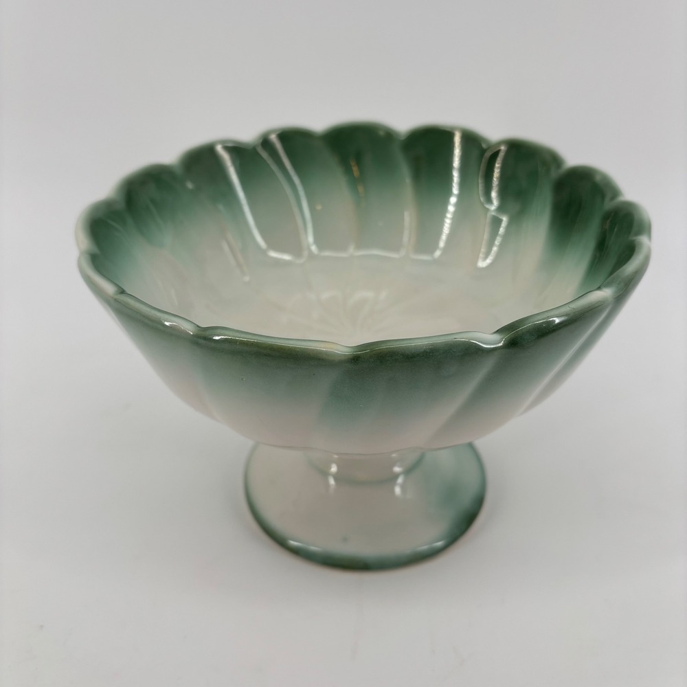 Hull Pottery Vintage Pedestal Bowl 7.5" Green White Scalloped Swirl Cottagecore